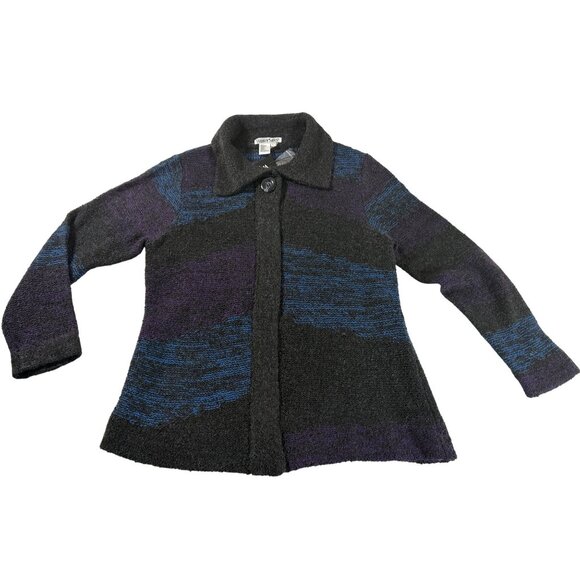WinterSilks Y2K Wool Silk Lined Knit Cardigan L Gray Blue Purple Colorblock NWT - Picture 1 of 10